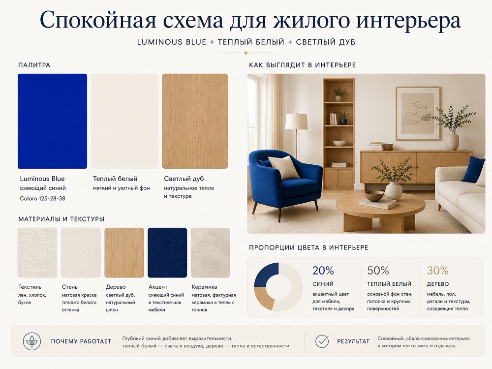 Самая простая комбинация для жилого интерьера - Luminous Blue, теплый белый и натуральное дерево