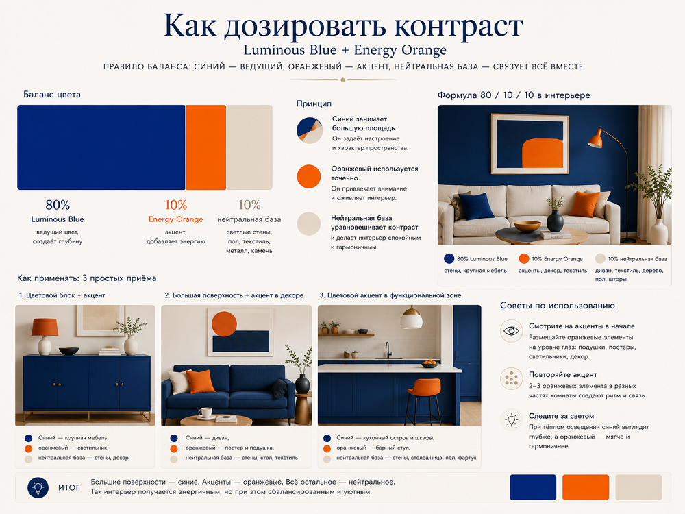Самая энергичная - Luminous Blue с оранжевым. Оба цвета активные, поэтому лучше распределять их неравномерно: например, большой синий шкаф и один оранжевый светильник.