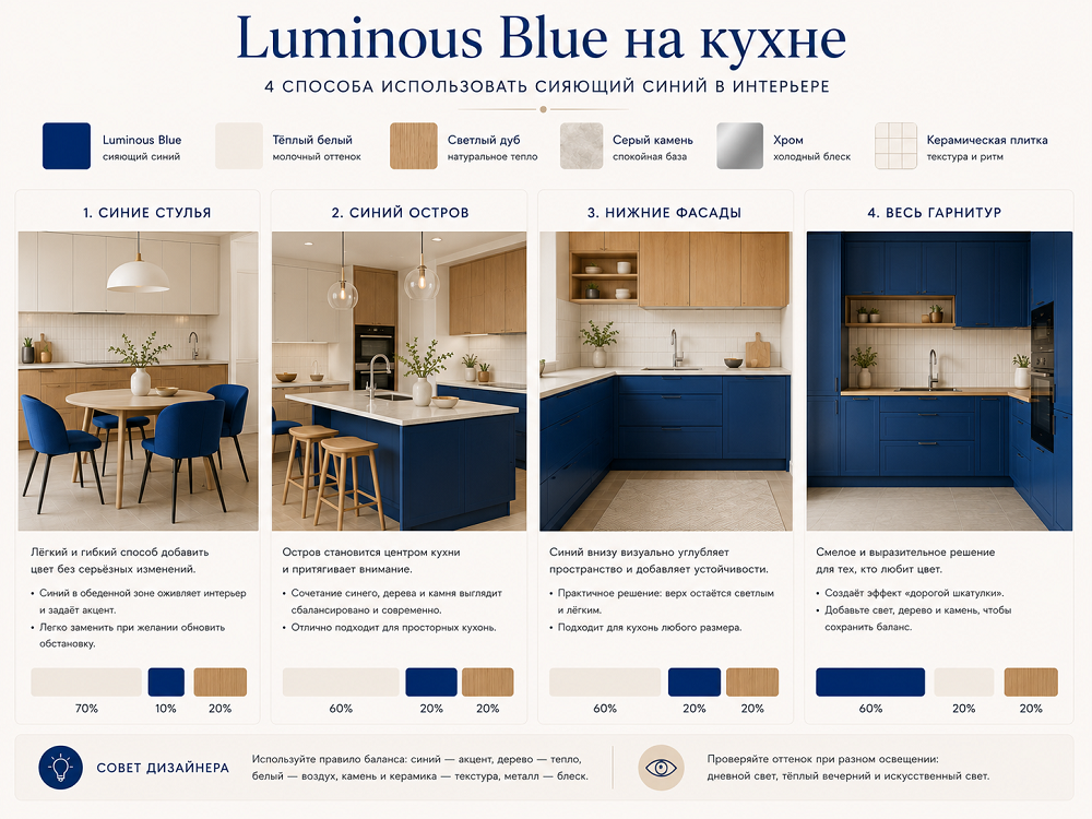 Luminous Blue на кухне: от стульев до фасадов