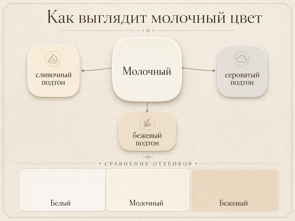 Молочный цвет мягче чистого белого и хорошо сочетается с деревом, камнем и натуральным текстилем