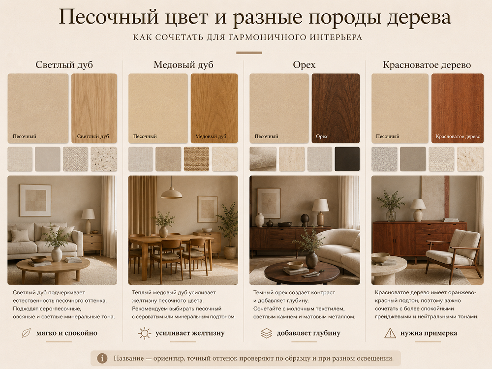 Дерево и песочный сочетаются благодаря близкой природной гамме