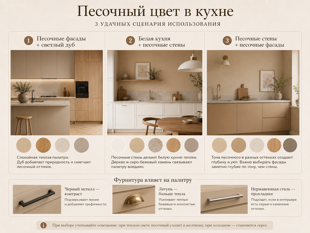 На кухне песочный можно использовать на фасадах, стенах или в каменной отделке