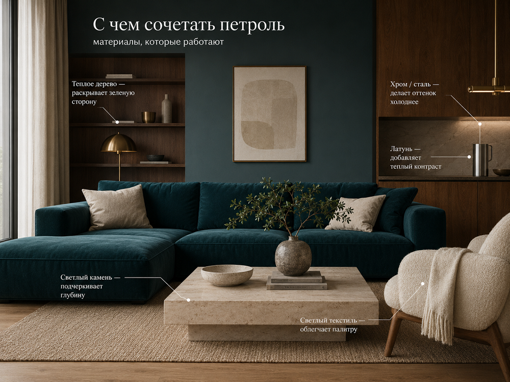 Материалы, которые раскрывают цвет петроль в интерьере