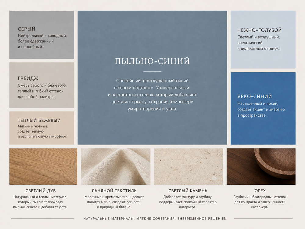 Пыльно-синий подойдет тем, кто устал от серого, но пока не готов к ярким цветам