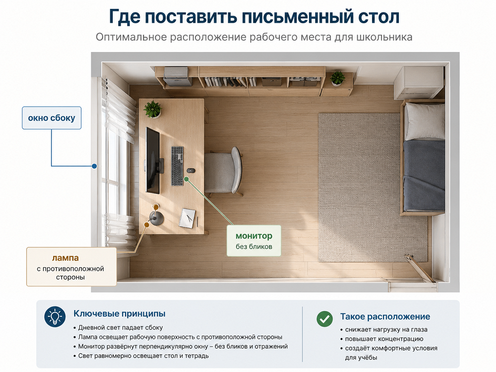 Лучшее место для рабочего стола находится рядом с окном, когда естественный свет падает сбоку