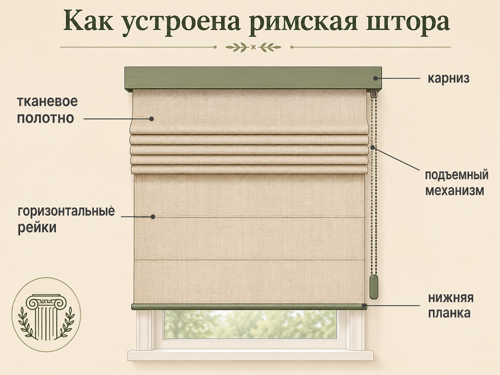 Римская штора состоит из тканевого полотна, карниза с подъемным механизмом, горизонтальных реек и нижней утяжелительной планки