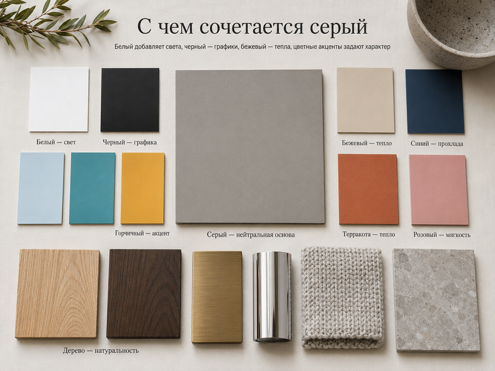 С какими цветами сочетается серый в интерьере