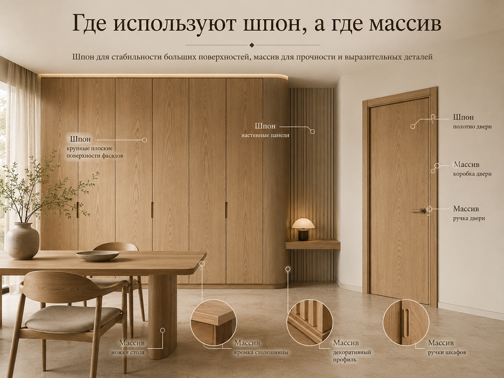 Где используют шпон, а где массив