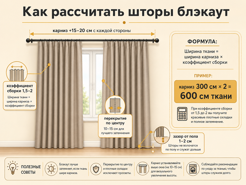 Для блэкаута нужен запас по ширине. Натянутое полотно хуже перекрывает окно и может расходиться по центру.