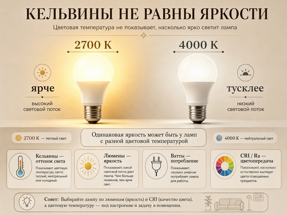 Цветовая температура отвечает за оттенок света, а его количество измеряется в люменах