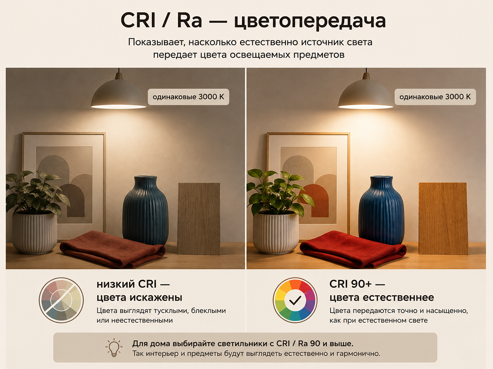 CRI или Ra показывает, насколько естественно источник света передает цвета
