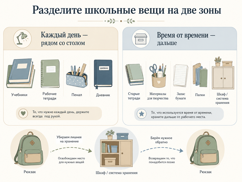 Сначала отделите то, чем ребенок пользуется каждый день, от вещей, которые нужны время от времени