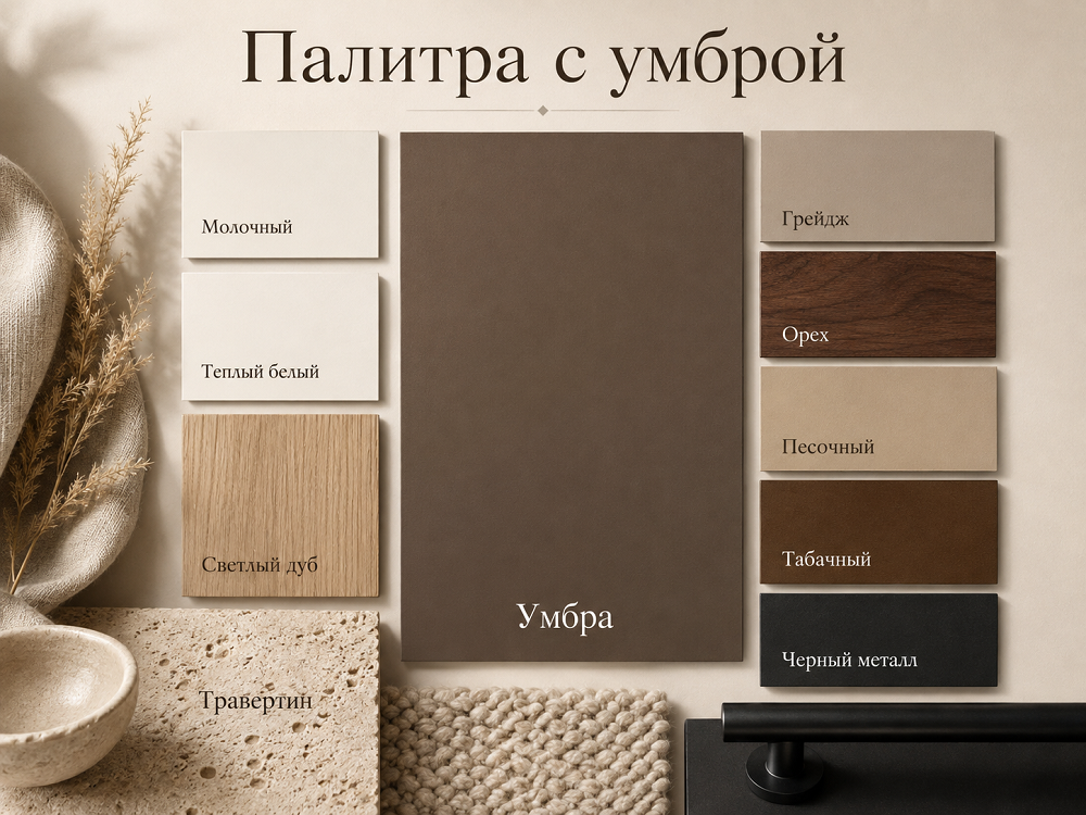 Умбра - глубокий землисто-коричневый оттенок, который хорошо подходит для стен, встроенной мебели, кухонных фасадов и крупных предметов