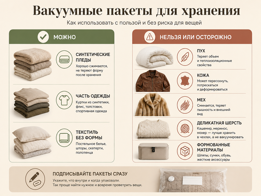 В вакуумных пакетах можно хранить синтетические пледы, часть одежды и текстиль, который спокойно переносит длительное сжатие