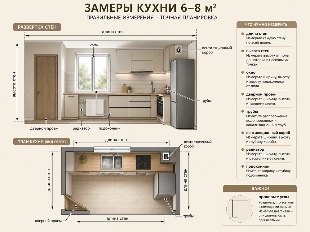 Перед проектированием измерьте длину и высоту каждой стены, дверные и оконные проемы, расстояния до коммуникаций и все выступающие элементы
