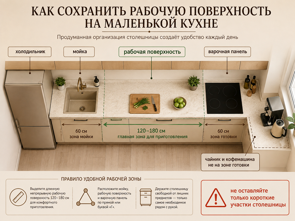 На плане все помещается, но между техникой могут остаться короткие участки столешницы, на которых неудобно готовить