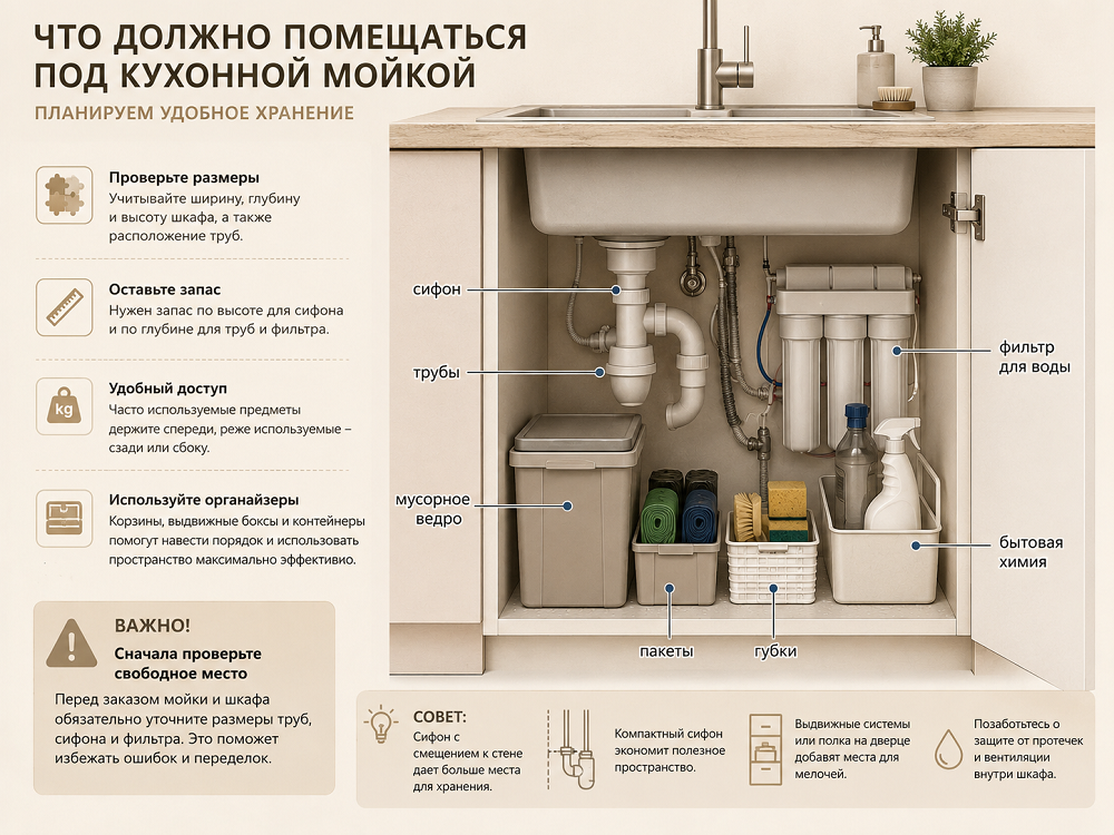 Еще на этапе проекта посмотрите, сколько свободного места останется под мойкой