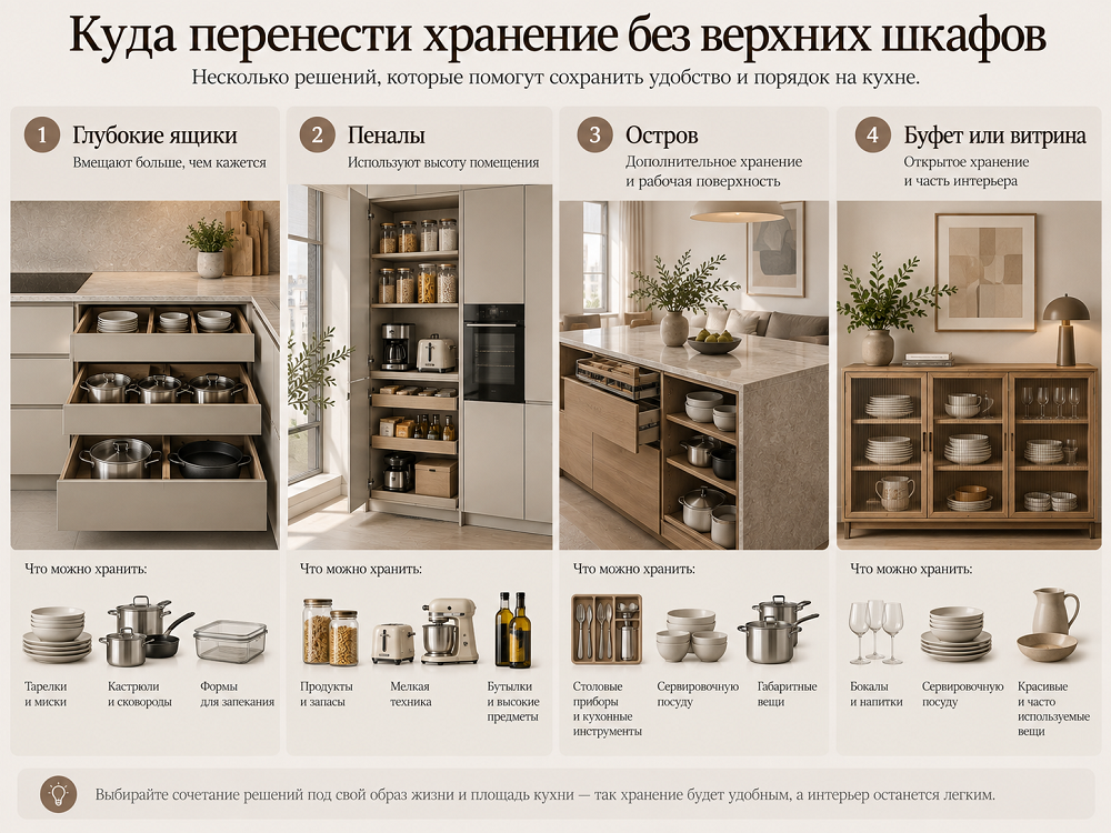 Перед тем, как отказаться от навесных шкафов, посчитайте, куда перенесете их содержимое