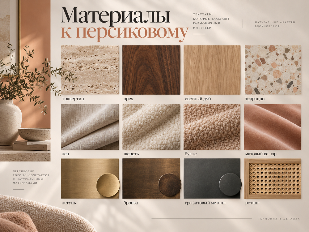 Персиковый особенно хорошо смотрится рядом с материалами, у которых есть собственный рисунок и фактура
