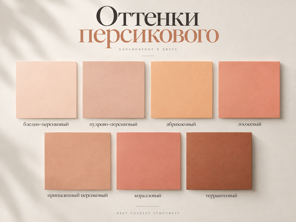 У персикового нет одного точного цвета. Это целая группа оттенков, в которых меняется соотношение розового, оранжевого, бежевого и серого
