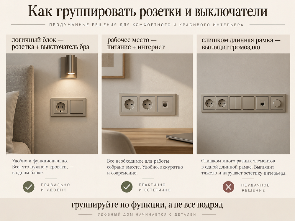 Как группировать розетки и выключатели на стене