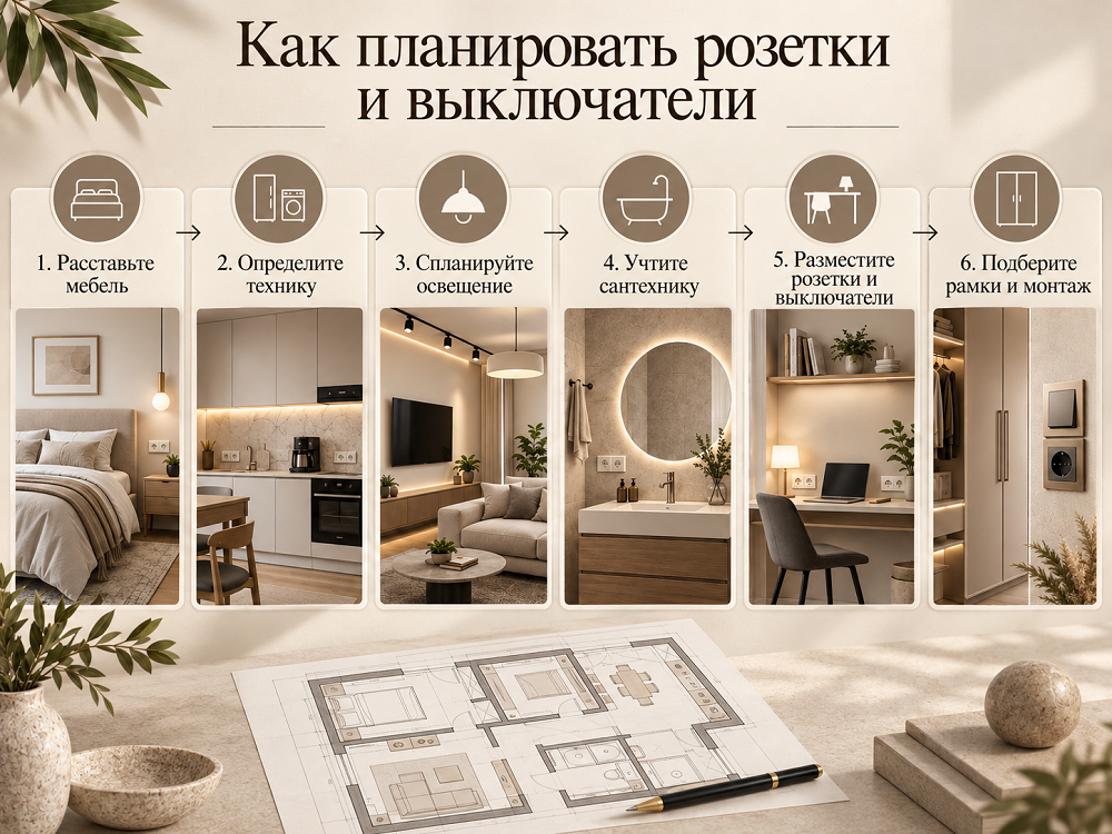 Планируйте розетки после того, как на чертеже появилась основная мебель с реальными размерами