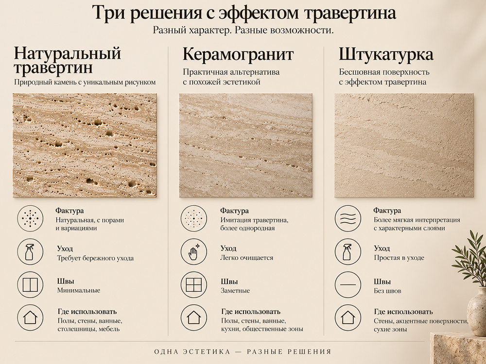 Натуральный травертин, керамогранит или штукатурка