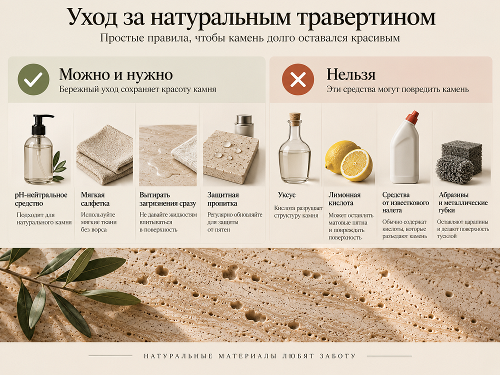 Для травертина подходят средства, которые производитель разрешает применять на известняке или натуральном камне