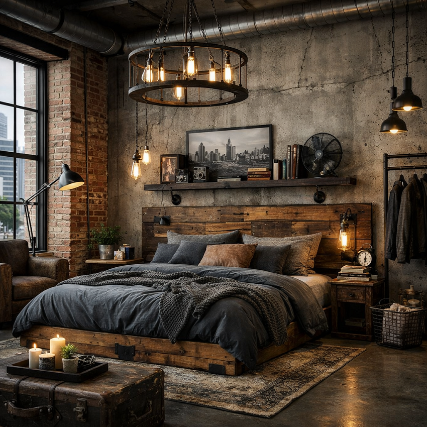Лофт в спальне: бетон и кирпич сочетаются с теплым деревом и мягким текстилем
