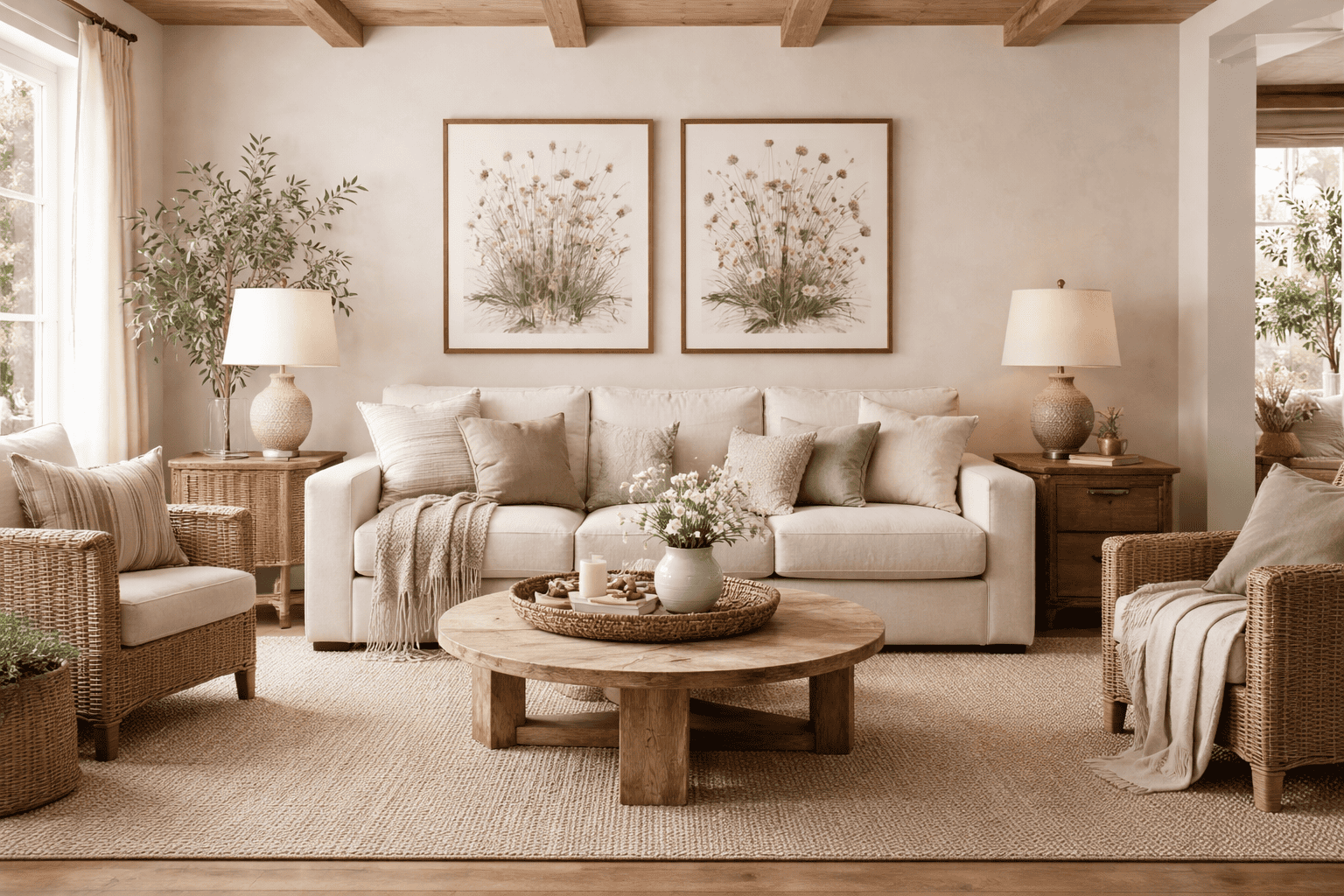 Нейтральный бежевый диван в уютном интерьере в стиле кантри