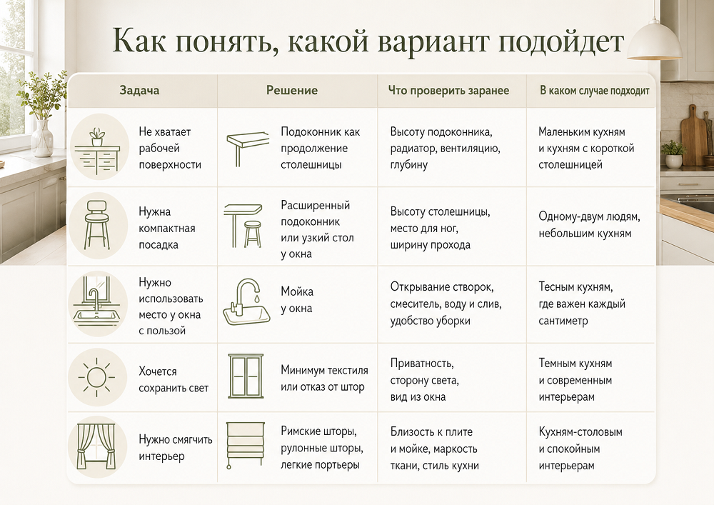 Если на столешнице постоянно не хватает места для готовки, посуды или техники, стоит задействовать подоконник.