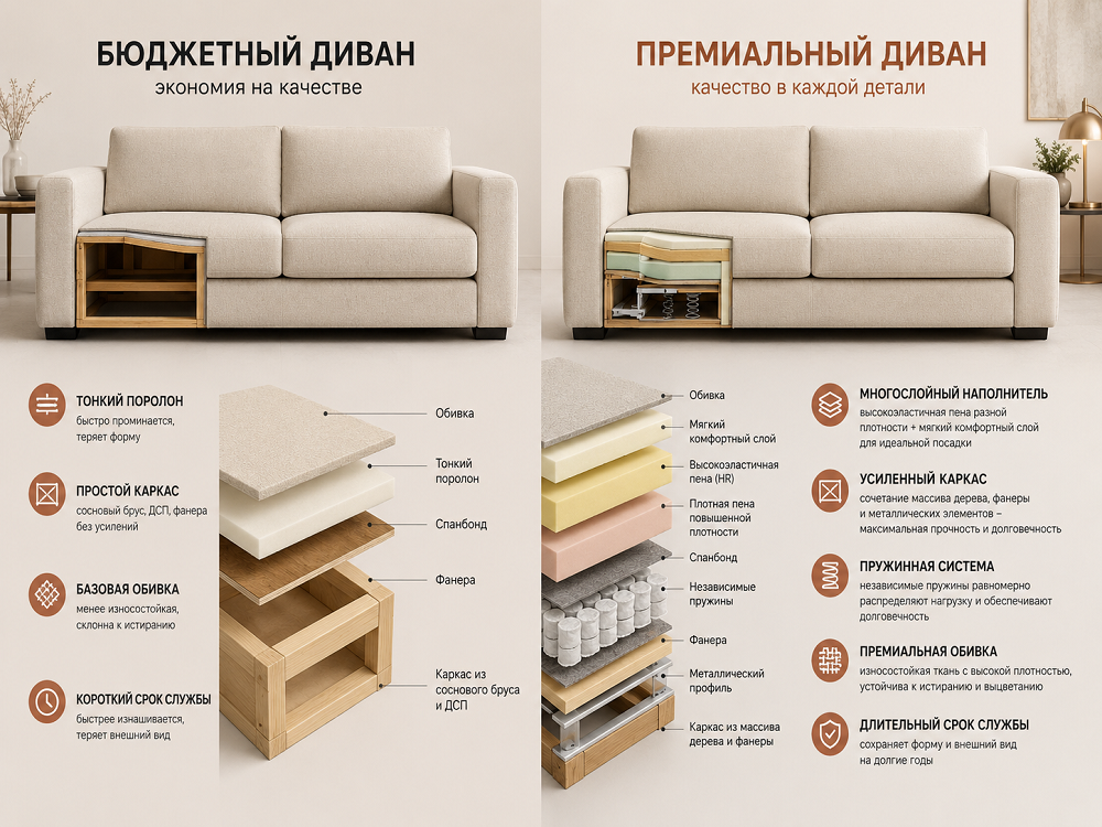 Если продавец не может назвать состав каркаса, плотность наполнителя и характеристики ткани, сравнивать такой диван с другим только по внешнему виду бессмысленно.