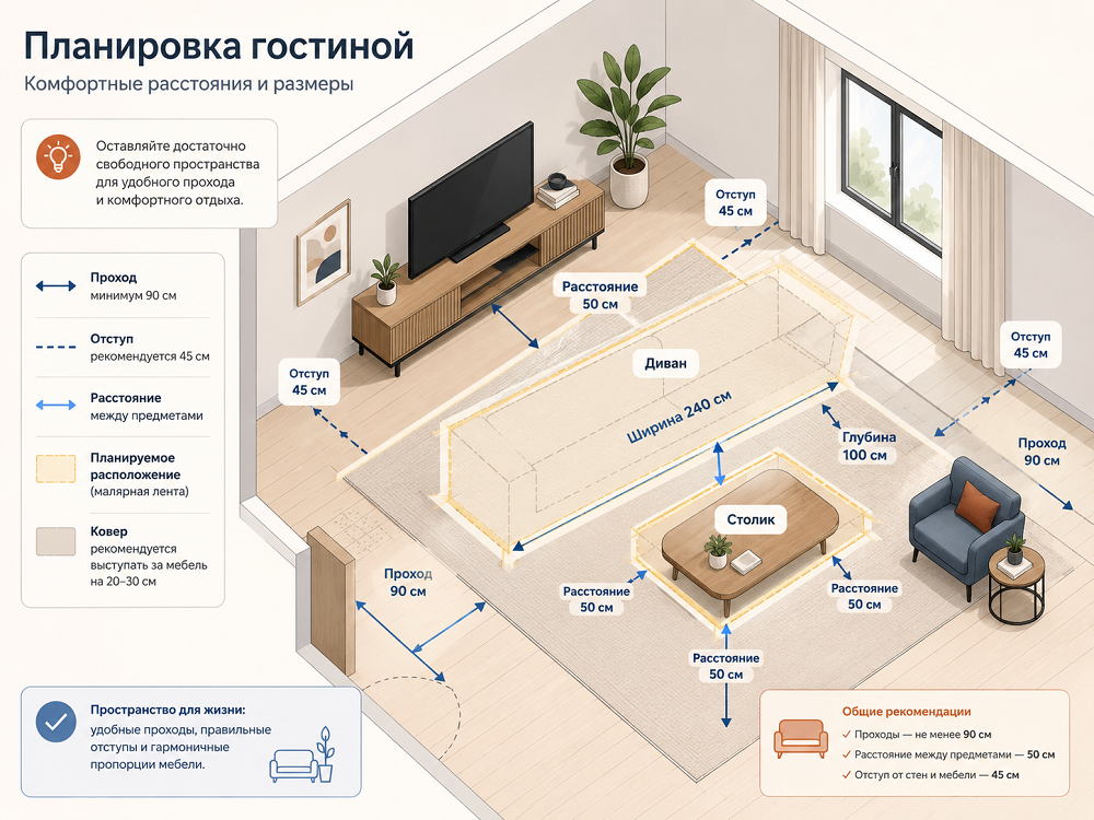 До покупки измерьте свободную стену и всю зону вокруг мебели.