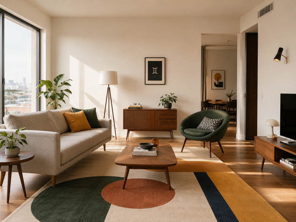 Mid-century modern нравится Близнецам за счет легких форм, тонких ножек, теплого дерева и ярких акцентов.